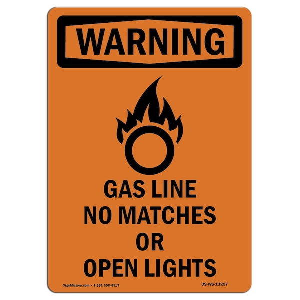 Safety Sign, OSHA WARNING, 5" Height, Gas Line No Matches, Portrait, 10PK